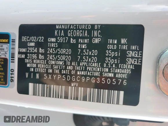2023 Kia Telluride SX Prestige X-Pro with VIN 5XYP5DGC9PG350576, listed as a Copart auction lot 49342325 with 23,397 mi miles and Salvage title. Bid and sale history available at DreamBid. Image 13.