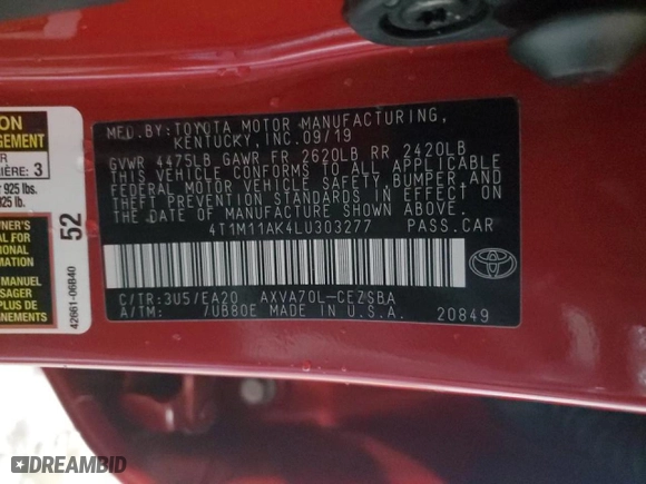 2020 Toyota Camry SE with VIN 4T1M11AK4LU303277, listed as a Copart auction lot 45722635 with 42,500 mi miles and Salvage Title. Bid and sale history available at carsss.com. Image 13.