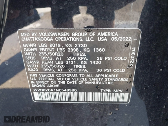 2022 Volkswagen Atlas SE with VIN 1V2HR2CA1NC549980, listed as a IAAI auction lot 42003986 with 53,768 mi miles and . Bid and sale history available at DreamBid. Image 9.