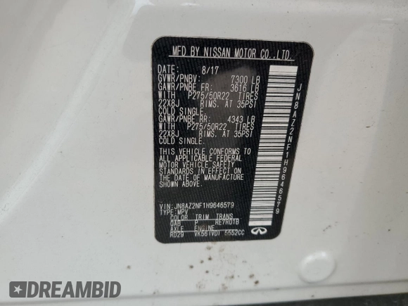 2017 Infiniti QX80 with VIN JN8AZ2NF1H9646579, listed as a Copart auction lot 58546715 with 80,244 mi miles and Salvage title. Bid and sale history available at DreamBid. Image 14.