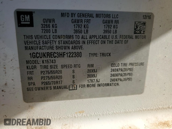 2017 Chevrolet Silverado 1500 LT with VIN 1GCUKREC3HF122380, listed as a Copart auction lot 46230605 with 231,152 mi miles and Salvage Title. Bid and sale history available at DreamBid. Image 12.