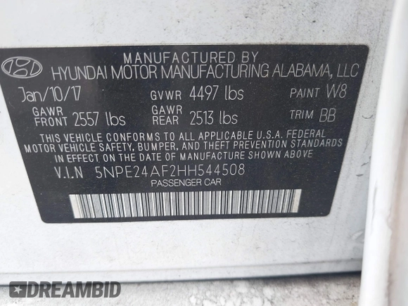 2017 Hyundai Sonata 2.4L with VIN 5NPE24AF2HH544508, listed as a IAAI auction lot 41962118 with 35,606 mi miles and . Bid and sale history available at carsss.com. Image 9.