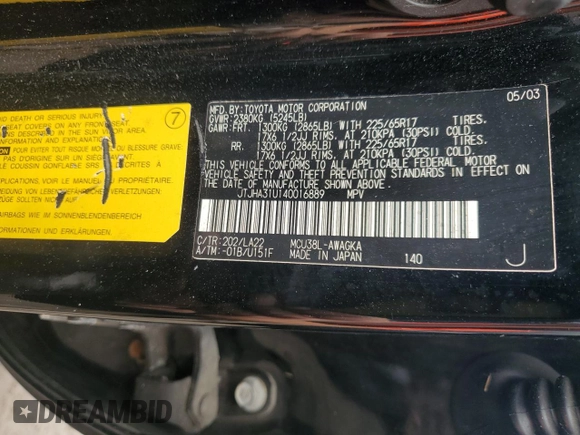 2004 Lexus RX 330 with VIN JTJHA31U140016889, listed as a Copart auction lot 75909664 with 0 mi miles and Non Repairable. Bid and sale history available at carsss.com. Image 14.