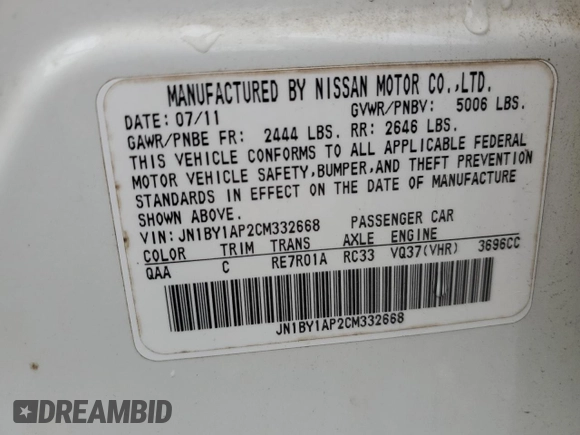 2012 Infiniti M z VIN JN1BY1AP2CM332668, wystawiony jako Copart lot #58692455 z przebiegiem 170 121 mil mil oraz Szkoda całkowita • Salvage title. Historia ofert i sprzedaży dostępna na DreamBid. Obrazek 12.