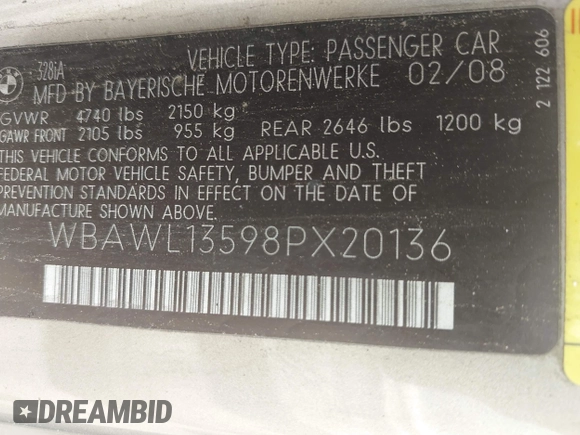 2008 BMW 3 Series 328i with VIN WBAWL13598PX20136, listed as a IAAI auction lot 42233563 with 181,773 mi miles and . Bid and sale history available at DreamBid. Image 9.