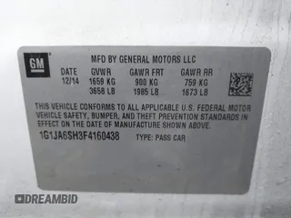 2015 Chevrolet Sonic LS with VIN 1G1JA6SH3F4160438, listed as a IAAI auction lot 41230481 with 98,424 mi miles and . Bid and sale history available at DreamBid. Image 9.