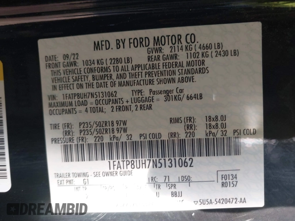 2022 Ford Mustang EcoBoost with VIN 1FATP8UH7N5131062, listed as a IAAI auction lot 41594398 with 30,982 mi miles and . Bid and sale history available at DreamBid. Image 9.