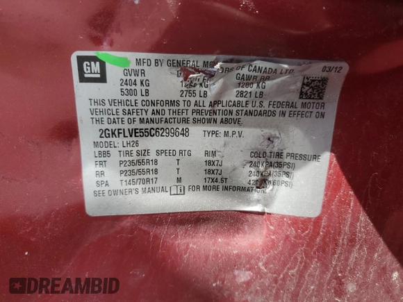 2012 GMC Terrain SLT-1 with VIN 2GKFLVE55C6299648, listed as a Copart auction lot 50421625 with 113,547 mi miles and Non Repairable. Bid and sale history available at DreamBid. Image 14.