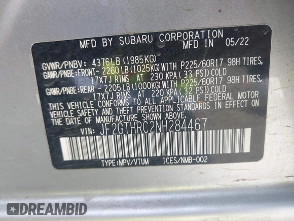 2022 Subaru Crosstrek Special Sports with VIN JF2GTHRC2NH284467, listed as a IAAI auction lot 42361411 with 57,935 mi miles and . Bid and sale history available at DreamBid. Image 9.