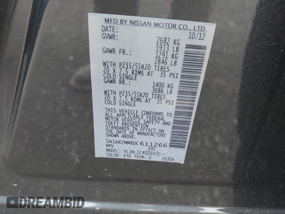 2013 Nissan Pathfinder SV with VIN 5N1AR2MM8DC611266, listed as a IAAI auction lot 42497311 with 120,191 mi miles and . Bid and sale history available at DreamBid. Image 9.
