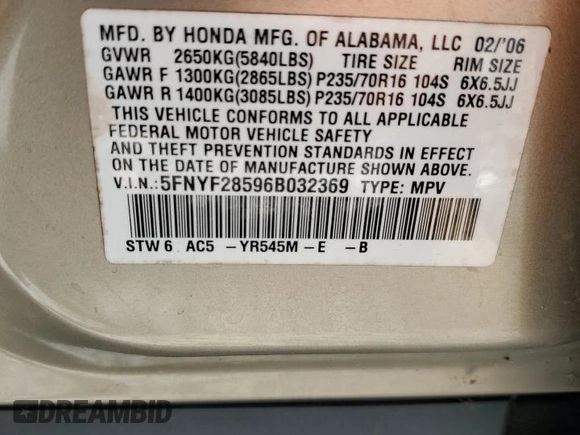 2006 Honda Pilot EX-L with VIN 5FNYF28596B032369, listed as a Copart auction lot 54596465 with 201,181 mi miles and Salvage Title. Bid and sale history available at DreamBid. Image 13.