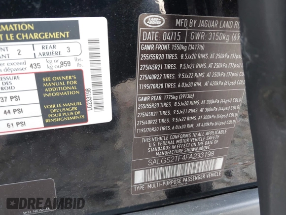 2015 Land Rover Range Rover Supercharged с VIN SALGS2TF4FA233198, выставлен на аукционе IAAI как лот 42240733 с пробегом 116 009 миль миль и . История ставок и продаж доступна на DreamBid. Изображение 9.