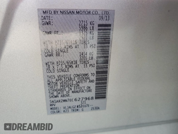 2014 Nissan Pathfinder SL with VIN 5N1AR2MN7EC627968, listed as a Copart auction lot 43920065 with 47,210 mi miles and Salvage Title. Bid and sale history available at DreamBid. Image 15.