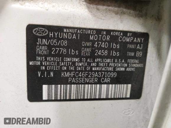 2009 Hyundai Azera Limited z VIN KMHFC46F29A371099, wystawiony jako Copart lot #57395815 z przebiegiem 69 313 mil mil oraz Szkoda całkowita • Salvage title. Historia ofert i sprzedaży dostępna na DreamBid. Obrazek 12.