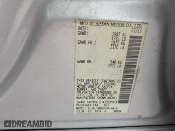 2013 Nissan Altima SV with VIN 1N4BL3AP9DC249999, listed as a IAAI auction lot 42036949 with 212,873 mi miles and . Bid and sale history available at DreamBid. Image 9.