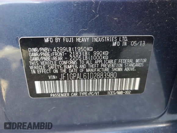 2013 Subaru Impreza Special Sports Premium with VIN JF1GPAL61D2883980, listed as a Copart auction lot 60682625 with 120,152 mi miles and Salvage title. Bid and sale history available at DreamBid. Image 12.