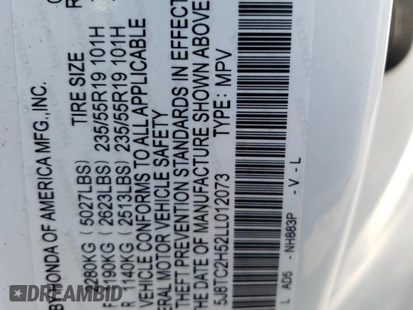2020 Acura RDX w/Technology Pkg with VIN 5J8TC2H52LL012073, listed as a Copart auction lot 49302843 with 23,663 mi miles and Salvage Title. Bid and sale history available at carsss.com. Image 14.
