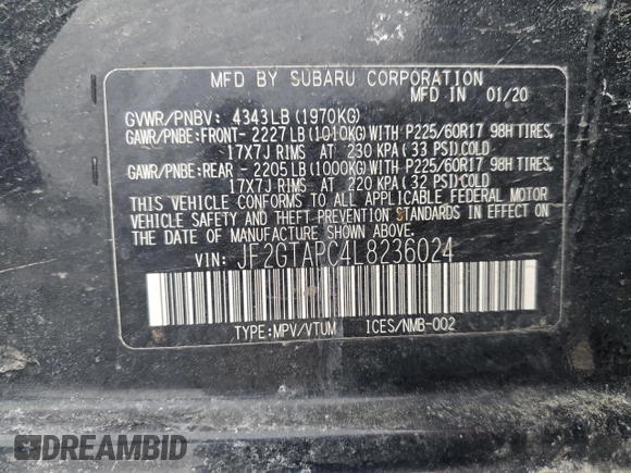 2020 Subaru Crosstrek Premium with VIN JF2GTAPC4L8236024, listed as a Copart auction lot 44777695 with 81,399 mi miles and Non repairable. Bid and sale history available at DreamBid. Image 14.