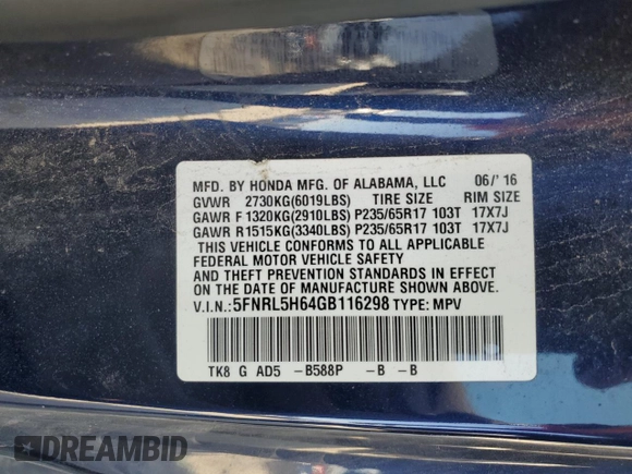 2016 Honda Odyssey EX-L with VIN 5FNRL5H64GB116298, listed as a Copart auction lot 49032775 with 54,319 mi miles and Clean Title. Bid and sale history available at DreamBid. Image 14.