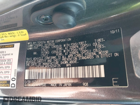 2012 Toyota 4Runner SR5 with VIN JTEZU5JR0C5034125, listed as a IAAI auction lot 42086425 with 152,036 mi miles and . Bid and sale history available at DreamBid. Image 9.
