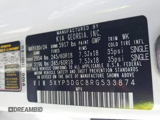2024 Kia Telluride SX Prestige X-Pro with VIN 5XYP5DGC8RG533874, listed as a IAAI auction lot 42377392 with 11,819 mi miles and . Bid and sale history available at DreamBid. Image 9.