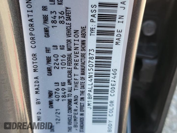 2022 Mazda 3 Preferred with VIN JM1BPALL4N1507873, listed as a Copart auction lot 52452285 with 27,024 mi miles and Salvage Title. Bid and sale history available at carsss.com. Image 13.