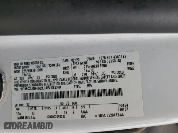 2020 Ford Escape SEL with VIN 1FMCU0H62LUB18280, listed as a Copart auction lot 53116495 with 89,460 mi miles and Salvage Title. Bid and sale history available at carsss.com. Image 13.