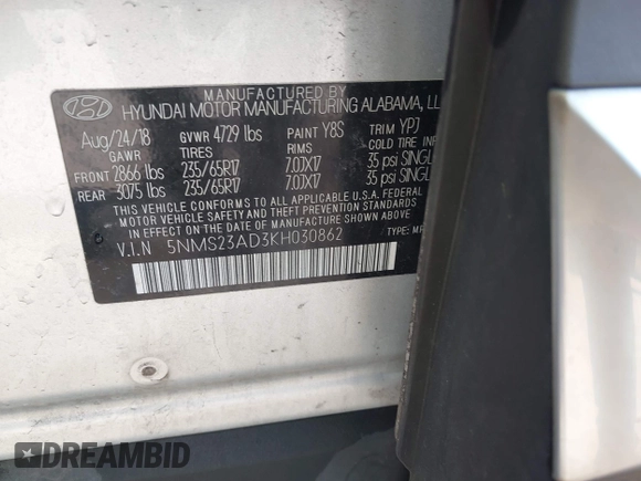 2019 Hyundai Santa Fe SE with VIN 5NMS23AD3KH030862, listed as a IAAI auction lot 41946700 with 198,264 mi miles. Bid and sale history available at carsss.com. Image 9.