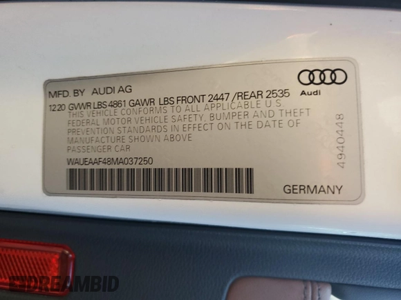 2021 Audi A4 S line Premium Plus with VIN WAUEAAF48MA037250, listed as a Copart auction lot 87725905 with Not Provided miles and Salvage Title. Bid and sale history available at DreamBid. Image 13.