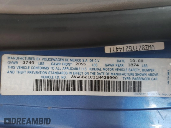 2001 Volkswagen Beetle GLS с VIN 3VWCB21C11M435990, выставлен на аукционе Copart как лот 49212495 с пробегом 60 090 миль миль и Чистый • Clean title. История ставок и продаж доступна на DreamBid. Изображение 12.