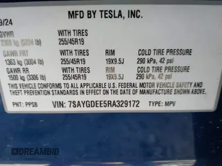 2024 Tesla Model Y Long Range with VIN 7SAYGDEE5RA329172, listed as a IAAI auction lot 41892147 with 8,030 mi miles and . Bid and sale history available at DreamBid. Image 9.