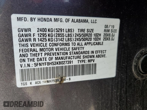 2019 Honda Passport EX-L with VIN 5FNYF8H53KB027391, listed as a Copart auction lot 87193204 with 92,870 mi miles and Salvage title. Bid and sale history available at DreamBid. Image 13.