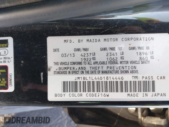 2013 Mazda 3 Mazdaspeed3 Touring with VIN JM1BL1L44D1814446, listed as a IAAI auction lot 41163379 with Not Provided miles and . Bid and sale history available at DreamBid. Image 9.