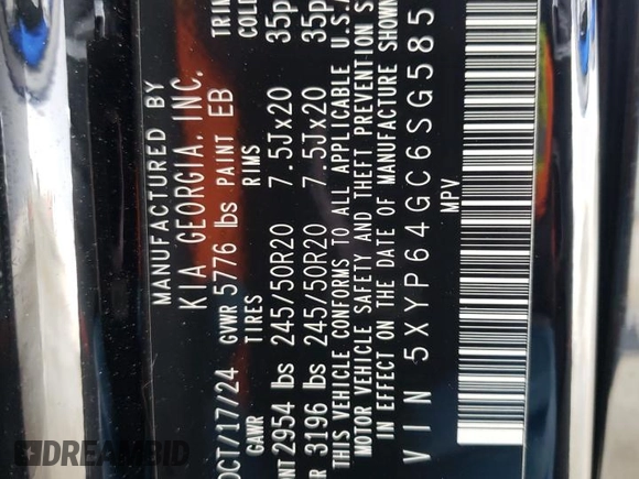 2025 Kia Telluride S with VIN 5XYP64GC6SG585586, listed as a Copart auction lot 56853485 with 12,252 mi miles and Salvage title. Bid and sale history available at DreamBid. Image 14.