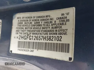 2007 Honda Civic Cpe LX with VIN 2HGFG12657H582102, listed as a IAAI auction lot 42030068 with 166,172 mi miles. Bid and sale history available at carsss.com. Image 9.