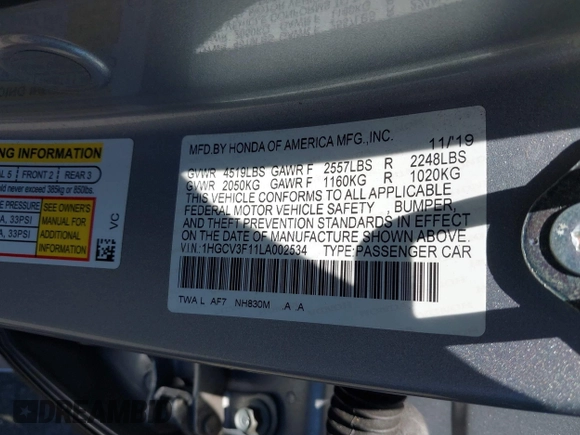 2020 Honda Accord with VIN 1HGCV3F11LA002534, listed as a IAAI auction lot 42537701 with 115,166 mi miles and . Bid and sale history available at DreamBid. Image 9.
