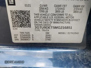 2021 GMC Sierra 1500 SLT z VIN 3GTU9DET5MG216851, wystawiony jako Copart lot #50587485 z przebiegiem 54 929 mil mil oraz Szkoda całkowita • Salvage title. Historia ofert i sprzedaży dostępna na DreamBid. Obrazek 13.