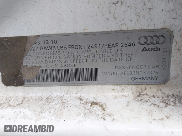 2011 Audi A4 Premium with VIN WAUBFAFL8BN037329, listed as a IAAI auction lot 42362079 with Not provided miles and . Bid and sale history available at DreamBid. Image 9.