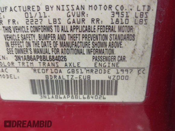 2011 Nissan Sentra S with VIN 3N1AB6AP8BL684026, listed as a IAAI auction lot 42559224 with 148,430 mi miles and . Bid and sale history available at DreamBid. Image 9.