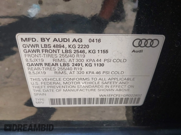 2016 Audi Q3 Premium Plus with VIN WA1EFCFS1GR022832, listed as a IAAI auction lot 42589704 with 118,915 mi miles and . Bid and sale history available at DreamBid. Image 9.