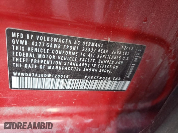 2013 Volkswagen Golf с VIN WVWDA7AJ6DW120015, выставлен на аукционе Copart как лот 81276104 с пробегом 121 359 миль миль и Списание • Salvage title. История ставок и продаж доступна на DreamBid. Изображение 12.
