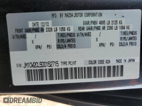 2013 Mazda 5 Touring with VIN JM1CW2CL5D0152715, listed as a Copart auction lot 71315534 with 219,315 mi miles and Salvage Title. Bid and sale history available at DreamBid. Image 13.