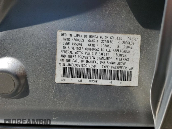 2008 Acura TSX Nav with VIN JH4CL96918C011659, listed as a Copart auction lot 63017215 with 271,656 mi miles and Clean title. Bid and sale history available at DreamBid. Image 12.