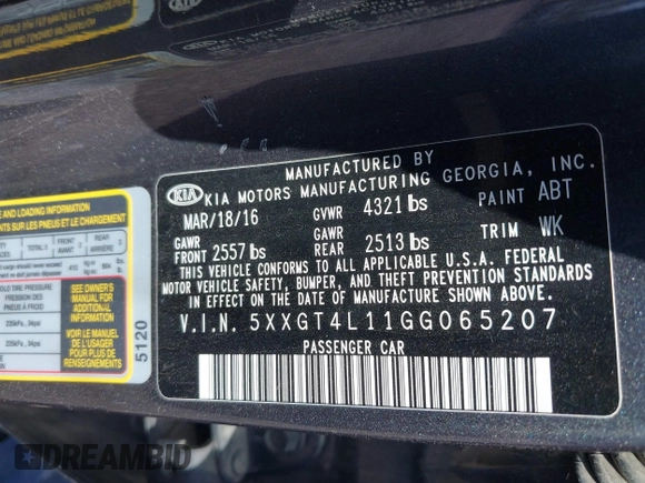 2016 Kia Optima LX Turbo with VIN 5XXGT4L11GG065207, listed as a IAAI auction lot 41770660 with 108,646 mi miles. Bid and sale history available at carsss.com. Image 9.