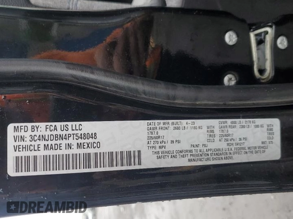 2023 Jeep Compass Latitude z VIN 3C4NJDBN4PT548048, wystawiony jako Copart lot #55705185 z przebiegiem 60 346 mil mil oraz Nie do naprawy • Non repairable. Historia ofert i sprzedaży dostępna na DreamBid. Obrazek 14.
