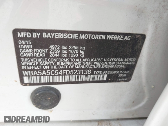 2015 BMW 5 Series 528i z VIN WBA5A5C54FD523138, wystawiony jako IAAI lot #41067885 z przebiegiem Nie podano mil oraz . Historia ofert i sprzedaży dostępna na DreamBid. Obrazek 9.