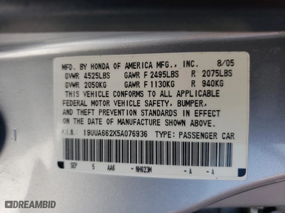 2005 Acura TL with VIN 19UUA662X5A076936, listed as a Copart auction lot 49680485 with 175,466 mi miles and Salvage Title. Bid and sale history available at carsss.com. Image 12.