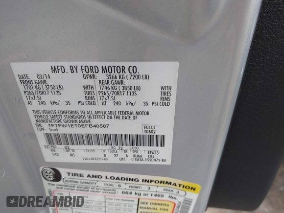 2014 Ford F-150 XL с VIN 1FTFW1ET0EFB40507, выставлен на аукционе IAAI как лот 41773896 с пробегом 63 294 миль миль и . История ставок и продаж доступна на DreamBid. Изображение 9.