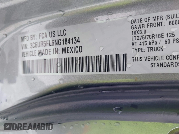 2022 Ram 2500 Laramie с VIN 3C6UR5FL6NG184134, выставлен на аукционе IAAI как лот 41228038 с пробегом 95 631 миль миль и . История ставок и продаж доступна на DreamBid. Изображение 9.