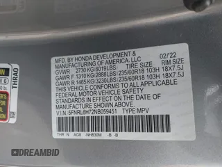 2022 Honda Odyssey EX-L with VIN 5FNRL6H72NB059451, listed as a IAAI auction lot 41454609 with 47,830 mi miles and . Bid and sale history available at DreamBid. Image 9.